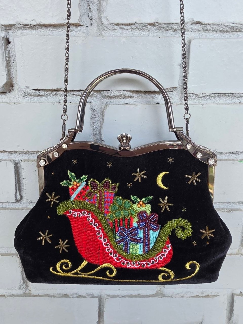 Vendula London Christmas Sleigh Velvet Handbag Embroidered Holiday Purse Top